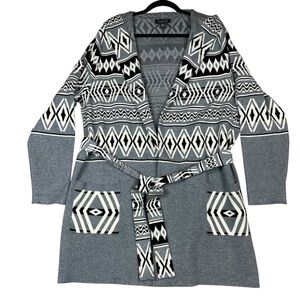 Rachel Zoe Open Front Belted Hoodie Tribal Southwest Aztec Knit Cardigan - Sz 1X
